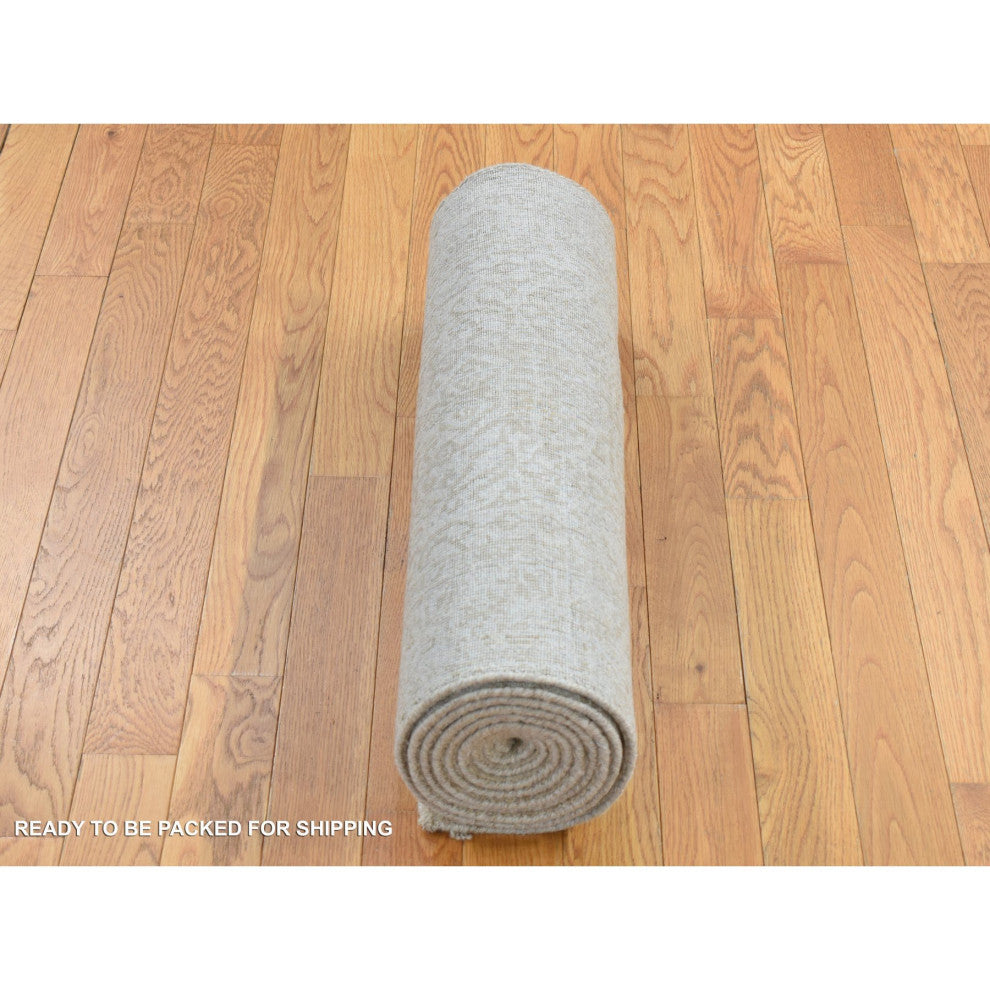 Parchment White Wool and Silk Fine Jacquard Hand Loomed Runner Rug 2'5"x10'