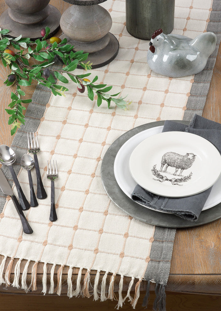 Windowpane Woven Design Cotton Table Runner with Tassels 16"x72"