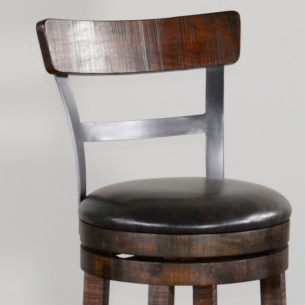 Dark Rustic Ladder Back Swivel Barstool Black Leather Seat 30"H