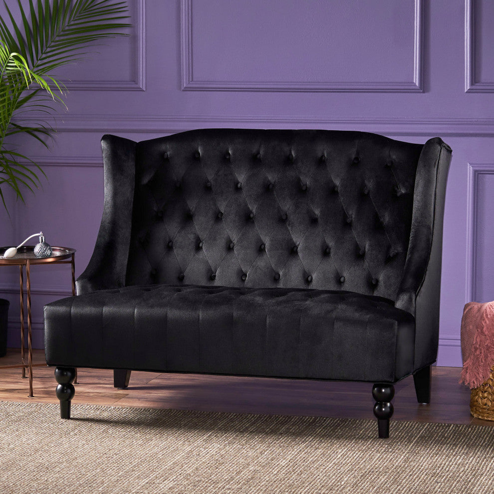 GDF Studio Leah Traditional Tufted High Winged Back New Velvet Loveseat, Black