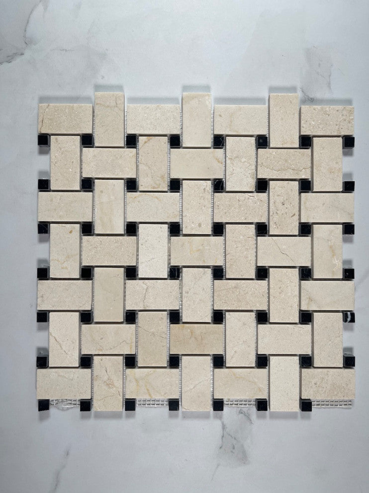 Crema Marfil Marble 1x2 Basketweave Mosaic Tile Black Dots Polished, 1 sheet