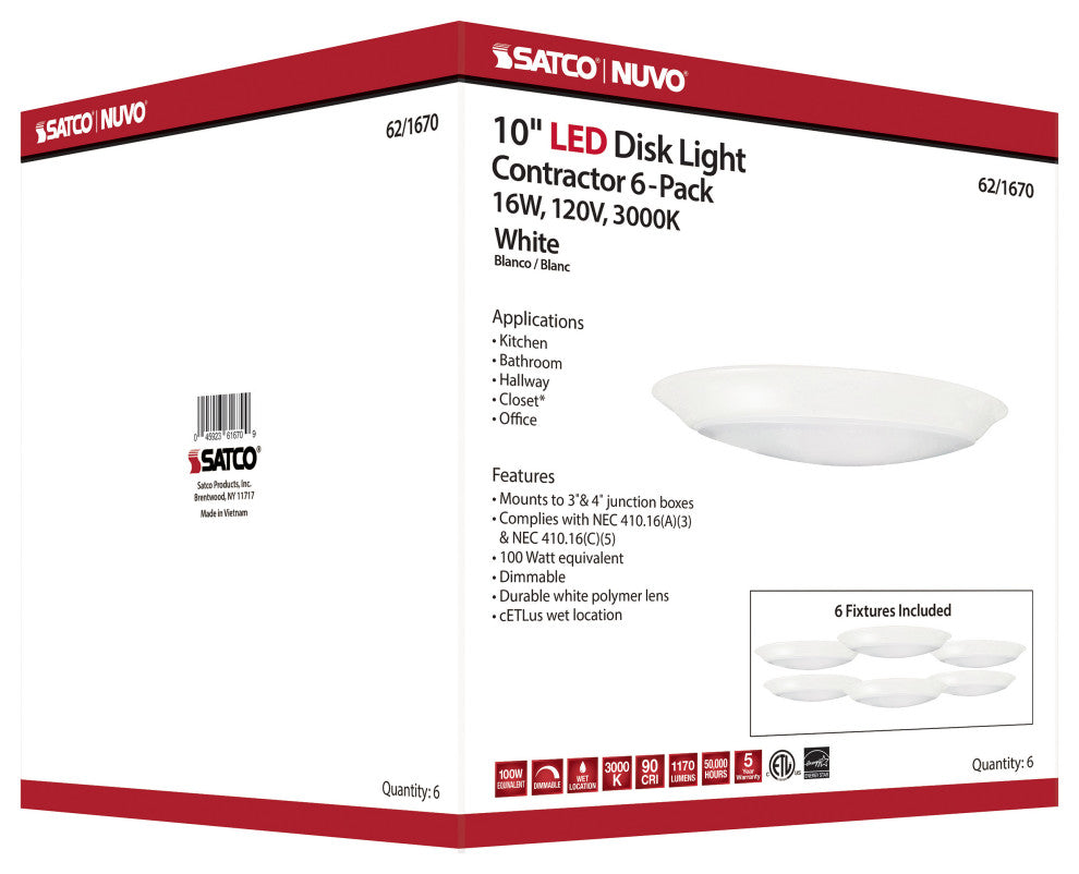 10 inch - LED Disk Light - 3000K - 6 Unit Contractor Pack - White Finish