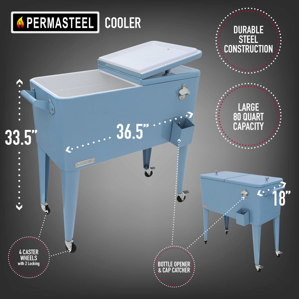 Permasteel 80 Quart Portable Rolling Patio Cooler, Blue