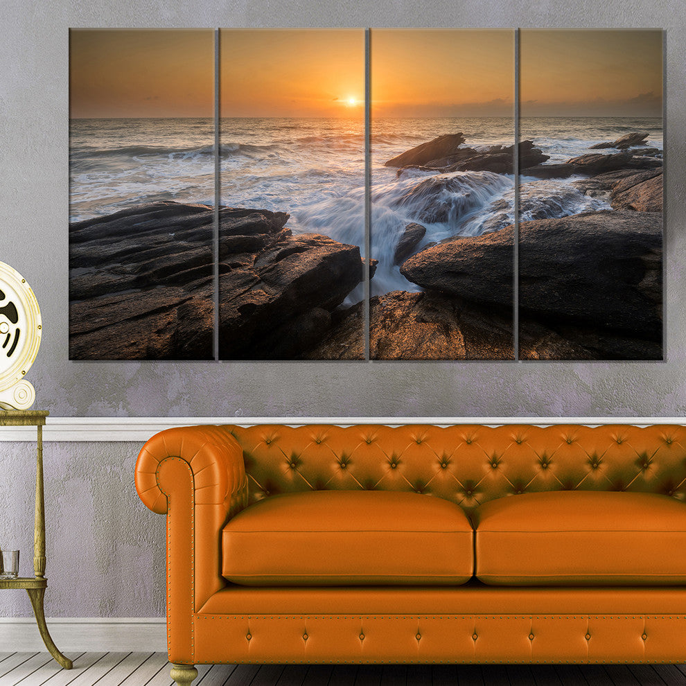 Sunset over Rocky Seashore, Beach Photo Canvas Print, 48"x28", 4 Panels