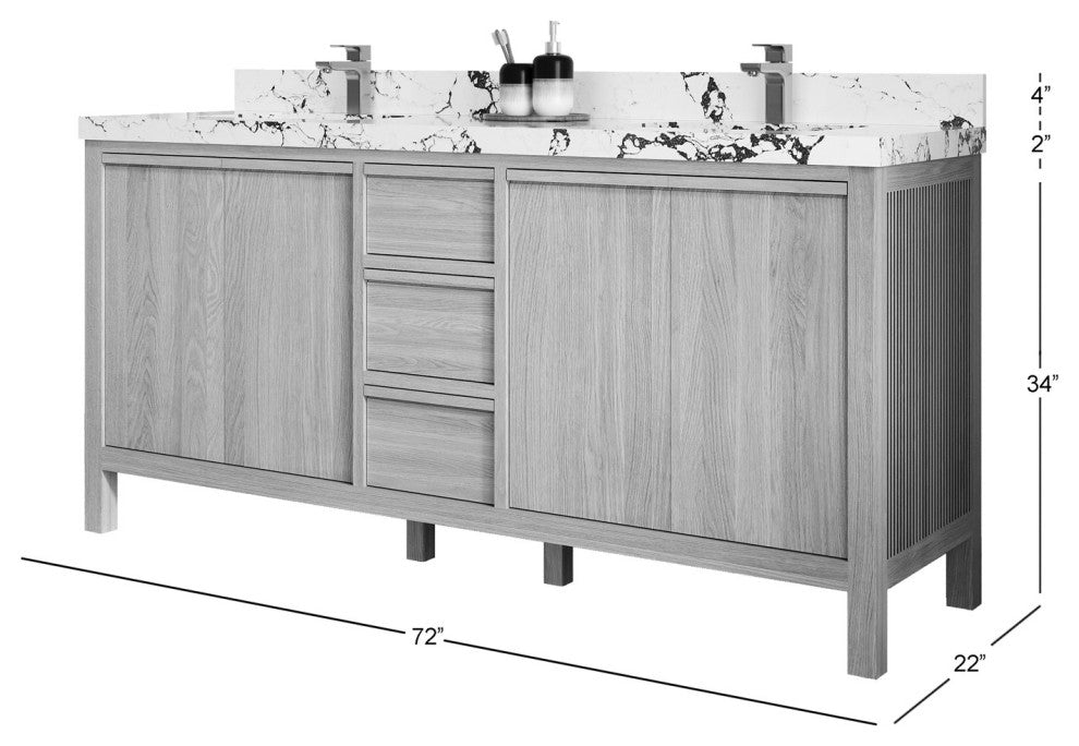 Elizabeth Oak 72" Double Sink Vanity, White 2" White Quartz