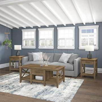Farmhouse Coffee Table Set With X-Side Detail and Built-In Storage, Reclaimed Pine