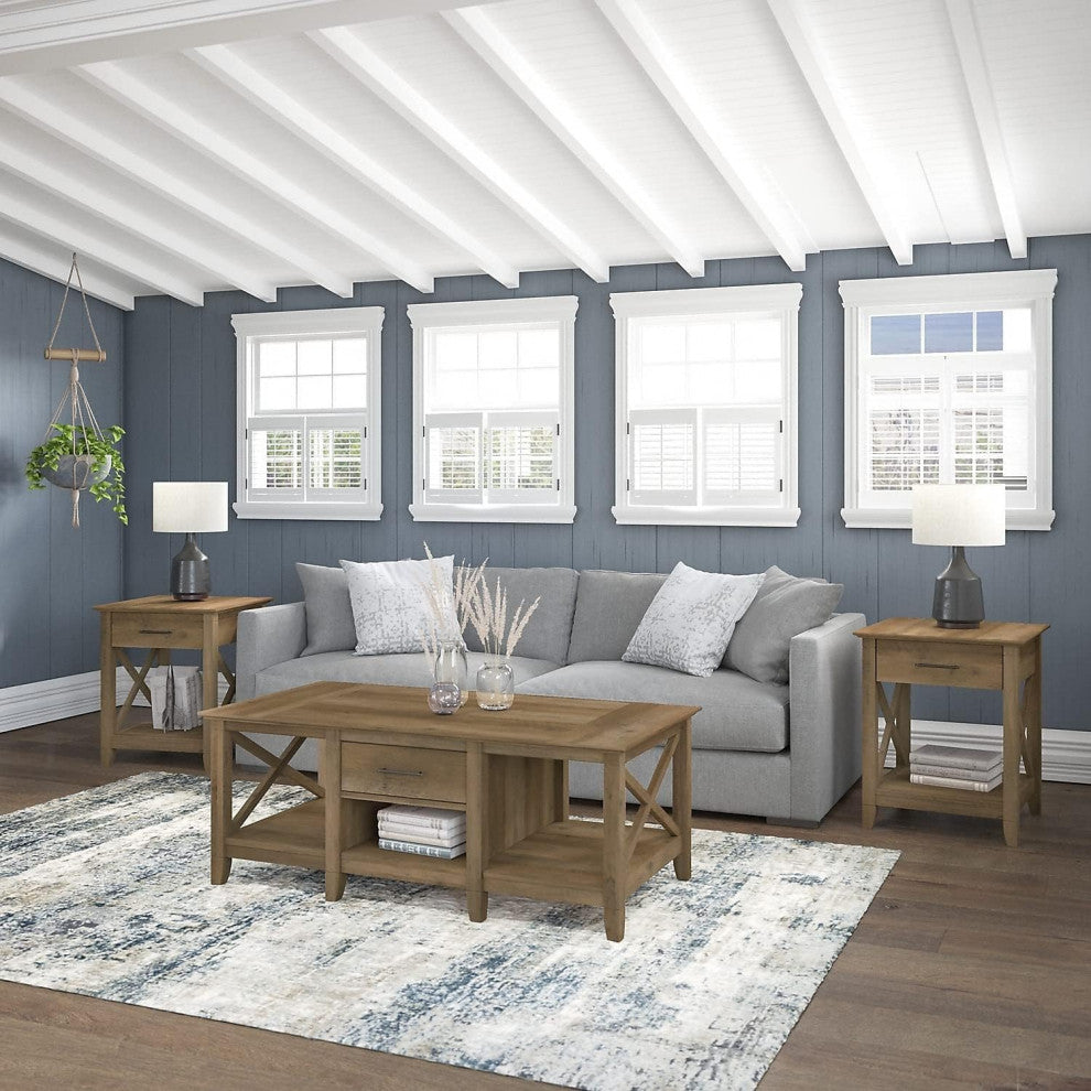 Farmhouse Coffee Table Set With X-Side Detail and Built-In Storage, Reclaimed Pine