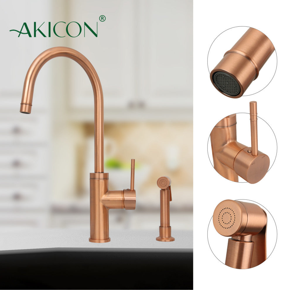 Akicon One-Handle Copper Widespread Kitchen Faucet, Side Sprayer, Copper