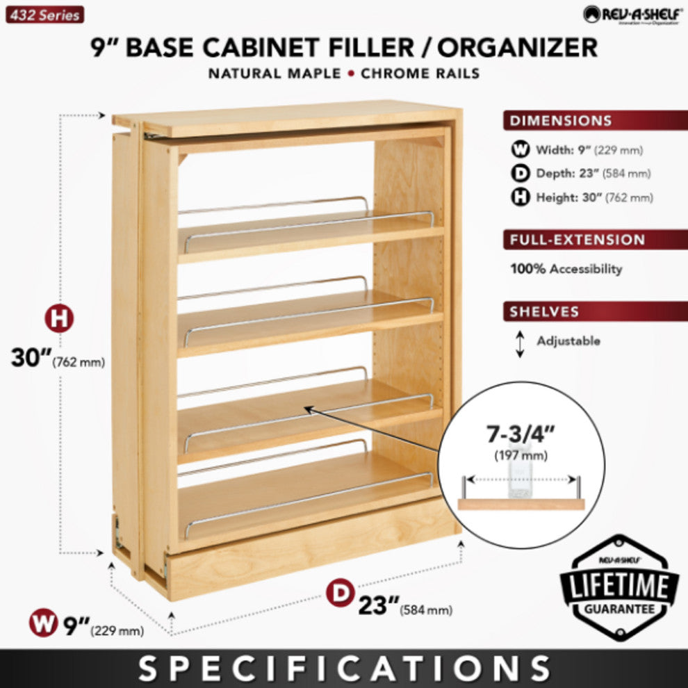 Wood Base Filler Pull Out Organizer for New Kitchen Applications, 9"