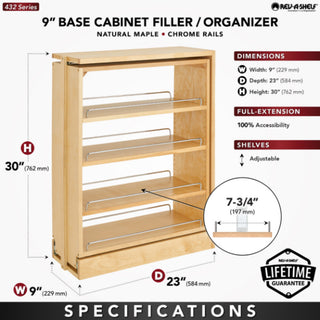 Wood Base Filler Pull Out Organizer for New Kitchen Applications, 9"