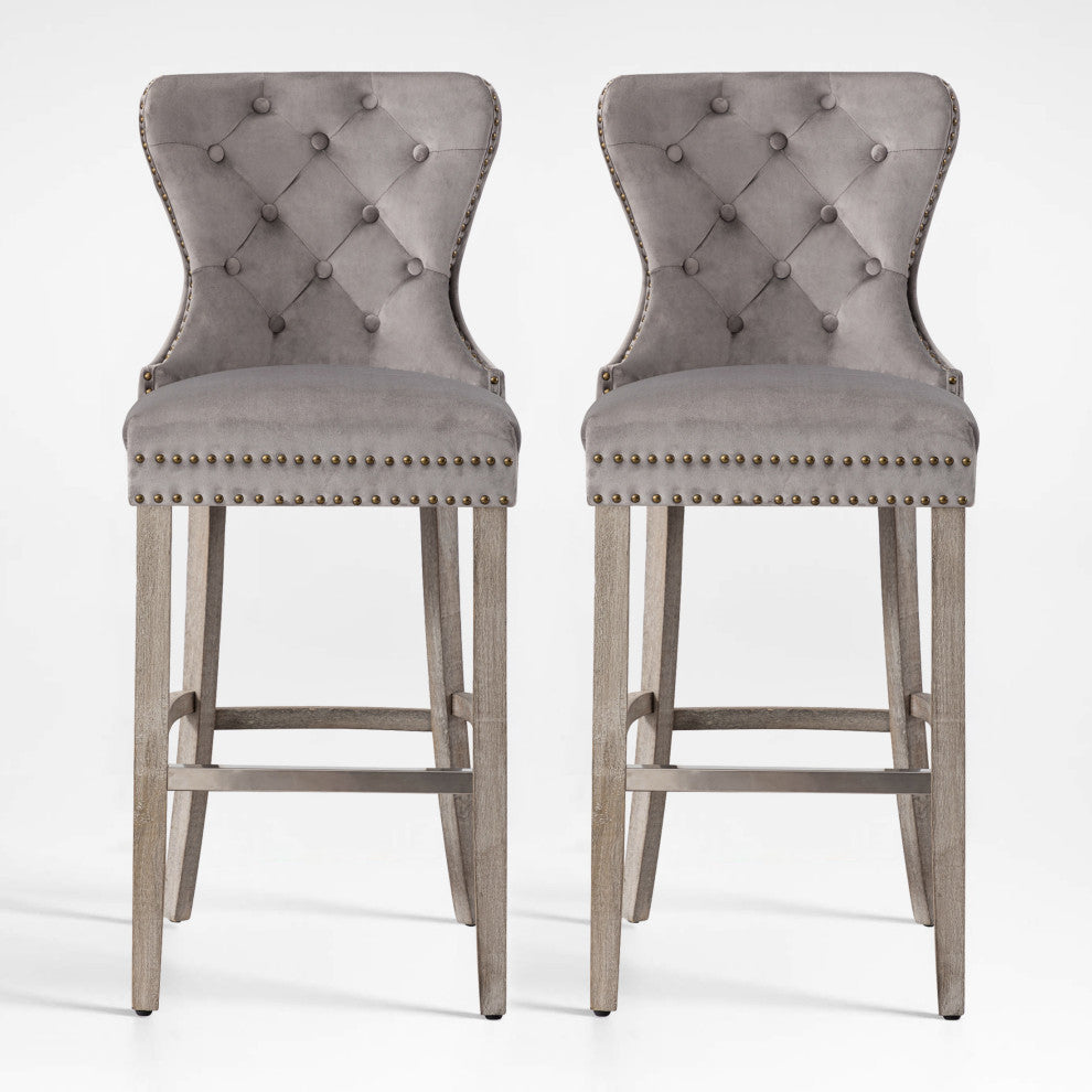 WestinTrends 2PC 29" Bar Height Wingback Velvet Bar Stool Set, Antique Gray, Velvet Gray