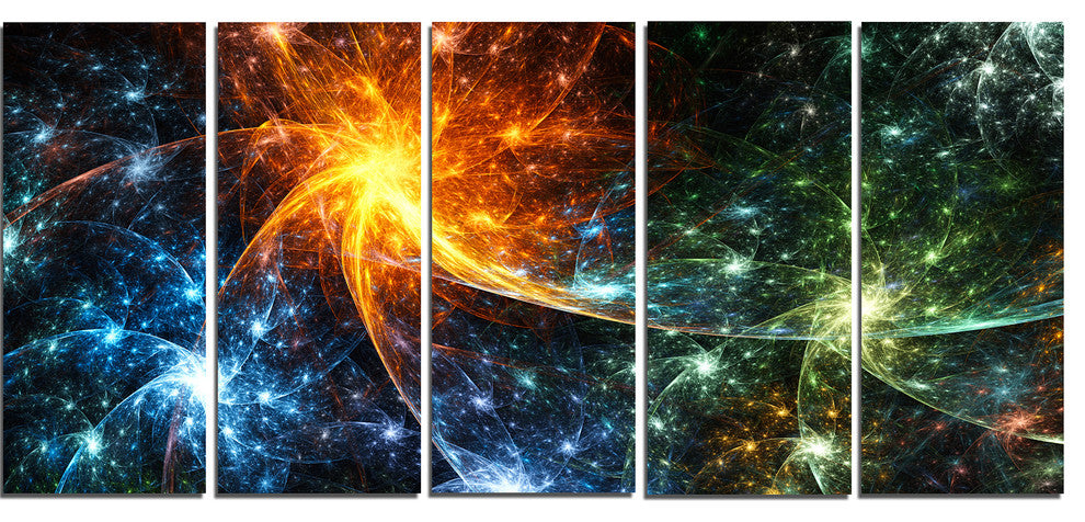 Colorful Fireworks with Stars, Abstract Canvas Art Print, 60"x28", 5 Panels