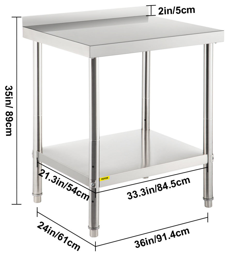 Stainless Steel Prep Table Heavy Duty Metal Worktable w/ Backsplash Undershelf, 36x24x35 Inch