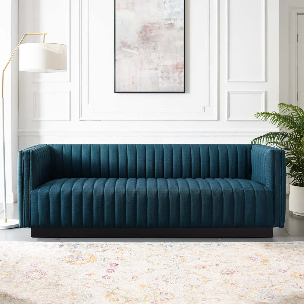 Tufted Sofa, Fabric, Navy Blue, Modern, Living Lounge Hotel Lobby Hospitality