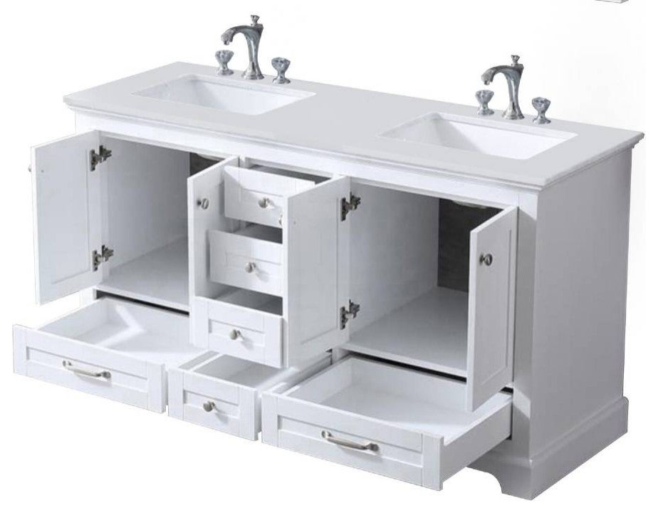 Dukes 60" White Double Square Sink Vanity with Quartz Top, No Mirror