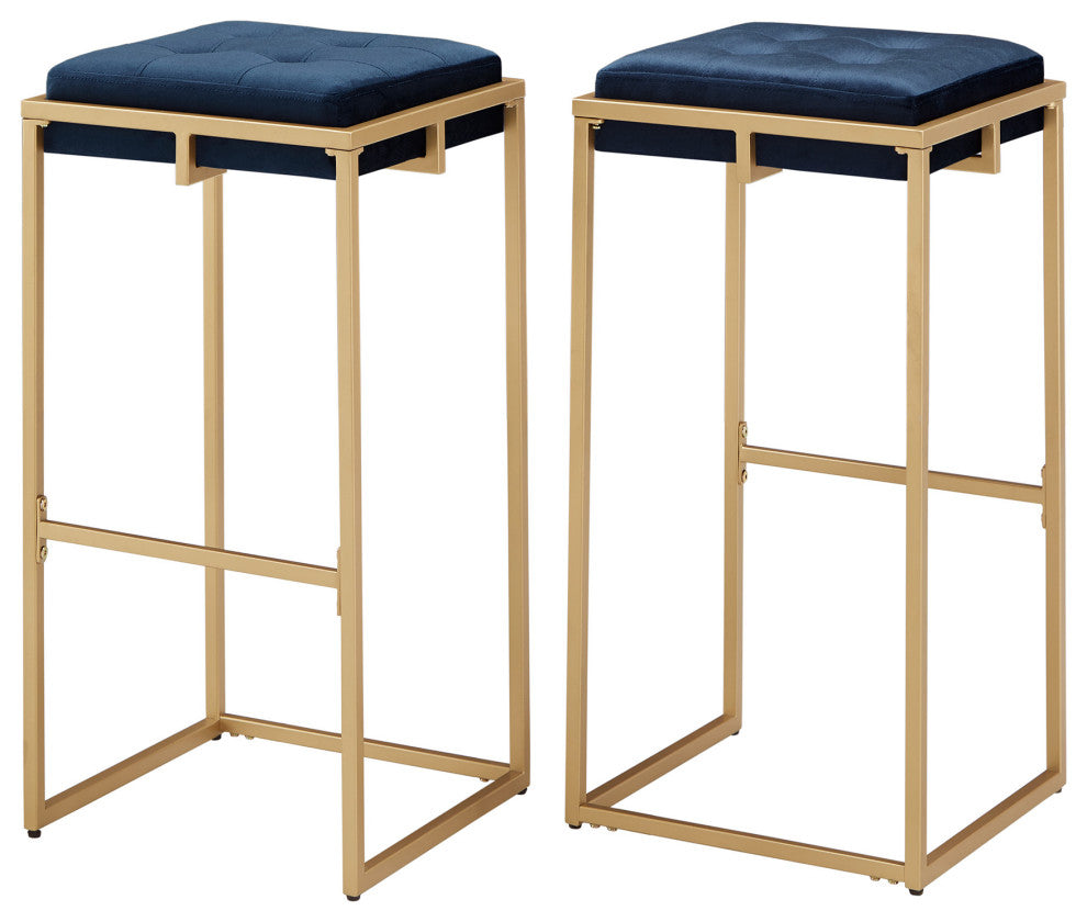 Jasper Gold Finish Velvet Button Tufted Stools, Set of 2, Blue, Bar Height