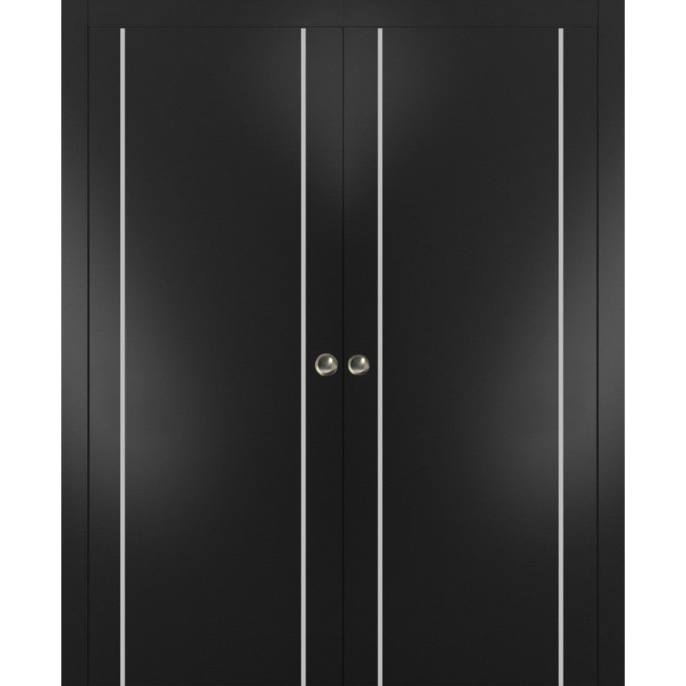 French Double Pocket Doors 36x84 | Planum 0410 Matte Black | Kit Trims Rail