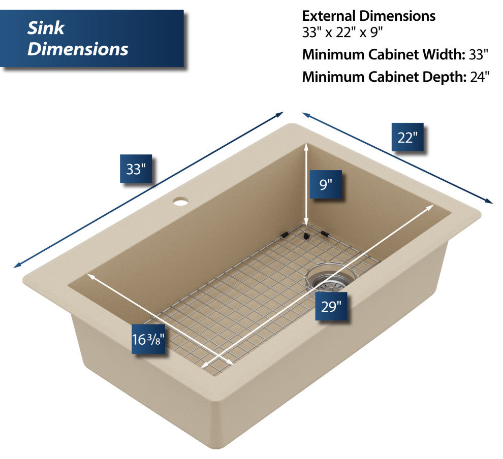 Karran Drop-In Quartz 33" 1-Hole Single Bowl Kitchen Sink Kit, Bisque