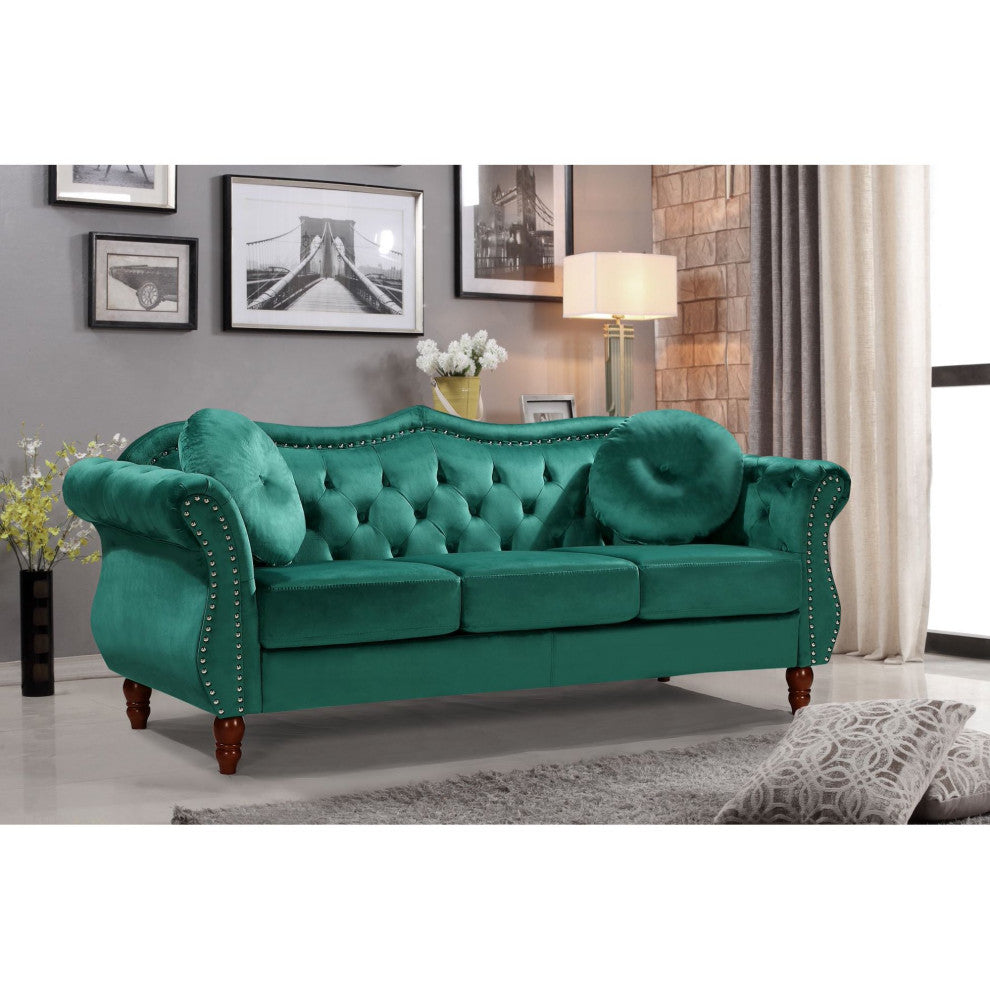 Classic Sofa, Velvet Seat With Button Tufted Back & Nailhead Trim Accent, Green