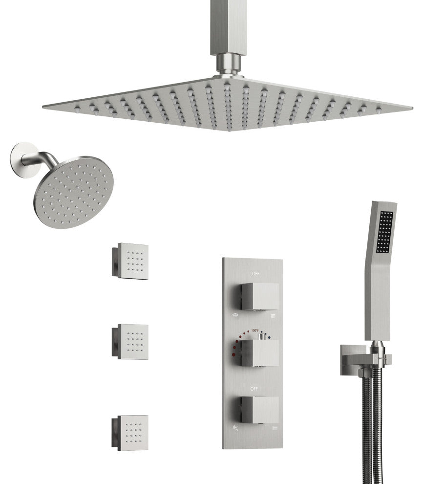 Thermostatic Dual Heads 12" Rainfall Shower System With 3 Body Jets, Brushed Nickel