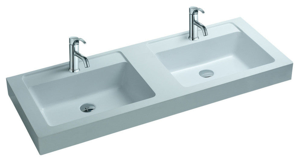 ADM Double Rectangular Stone Resin Countertop Sink, White, 47", Glossy White
