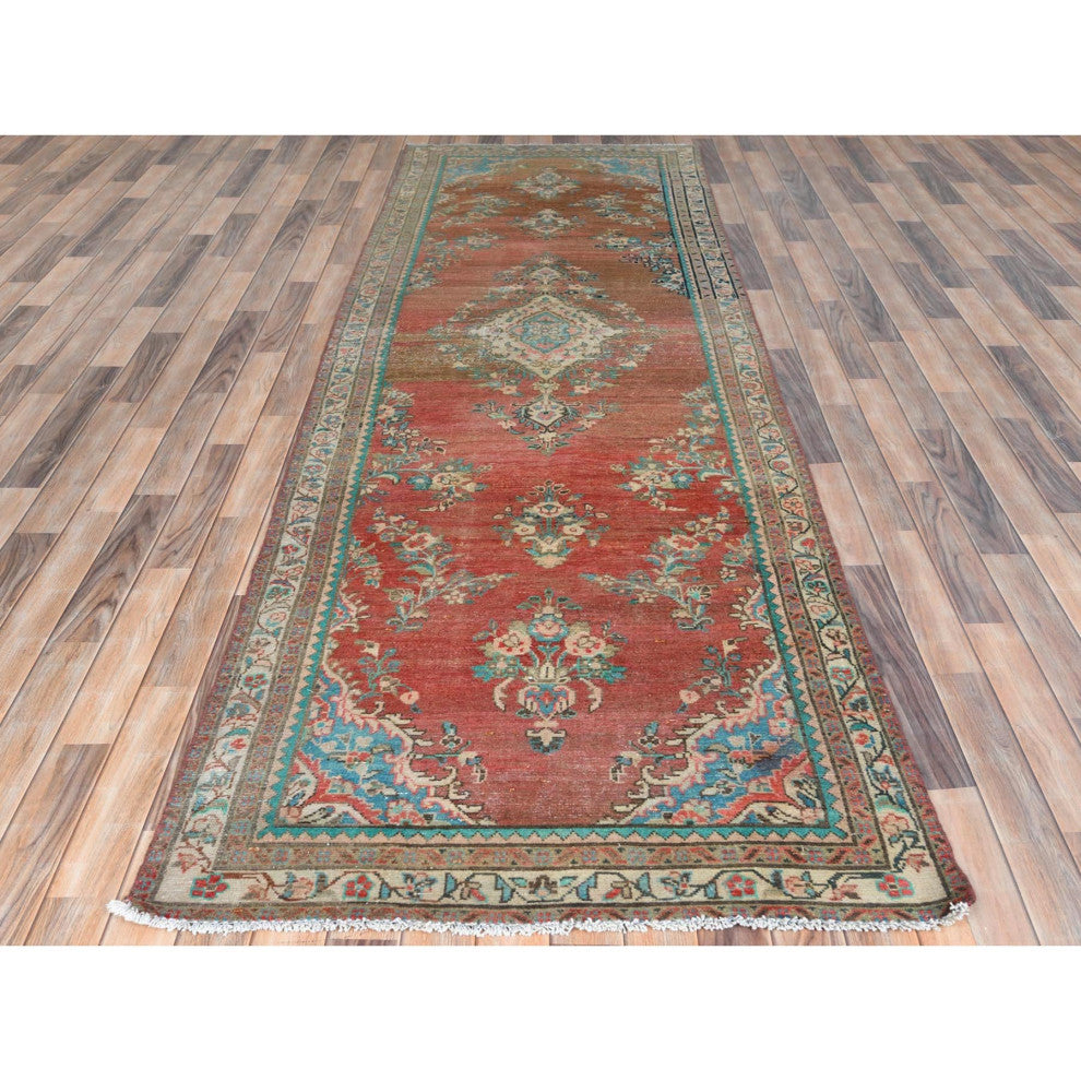 Tomato Red Hand Knotted Old Persian Bibikabad Pure Wool Runner Rug, 3'9"x12'3"
