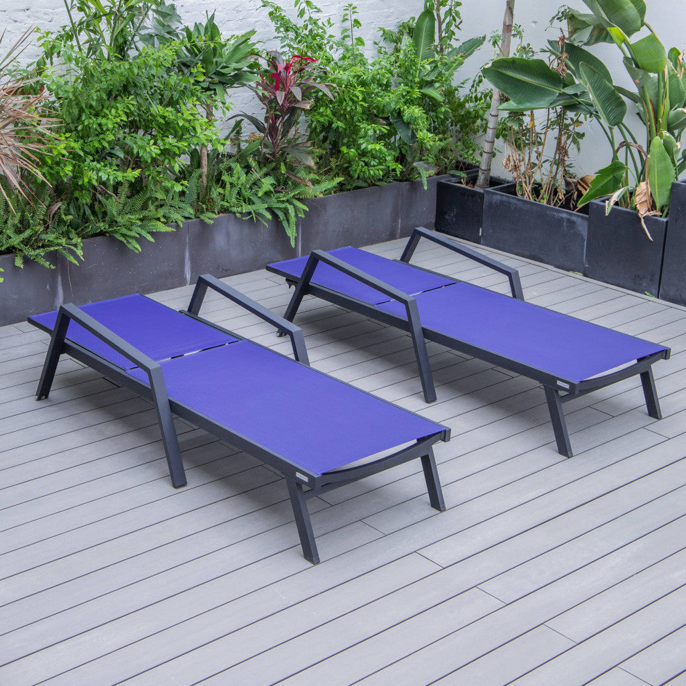 LeisureMod Marlin Outdoor Patio Stackable Chaise Lounge Chair with Arms Set of 2, Navy Blue