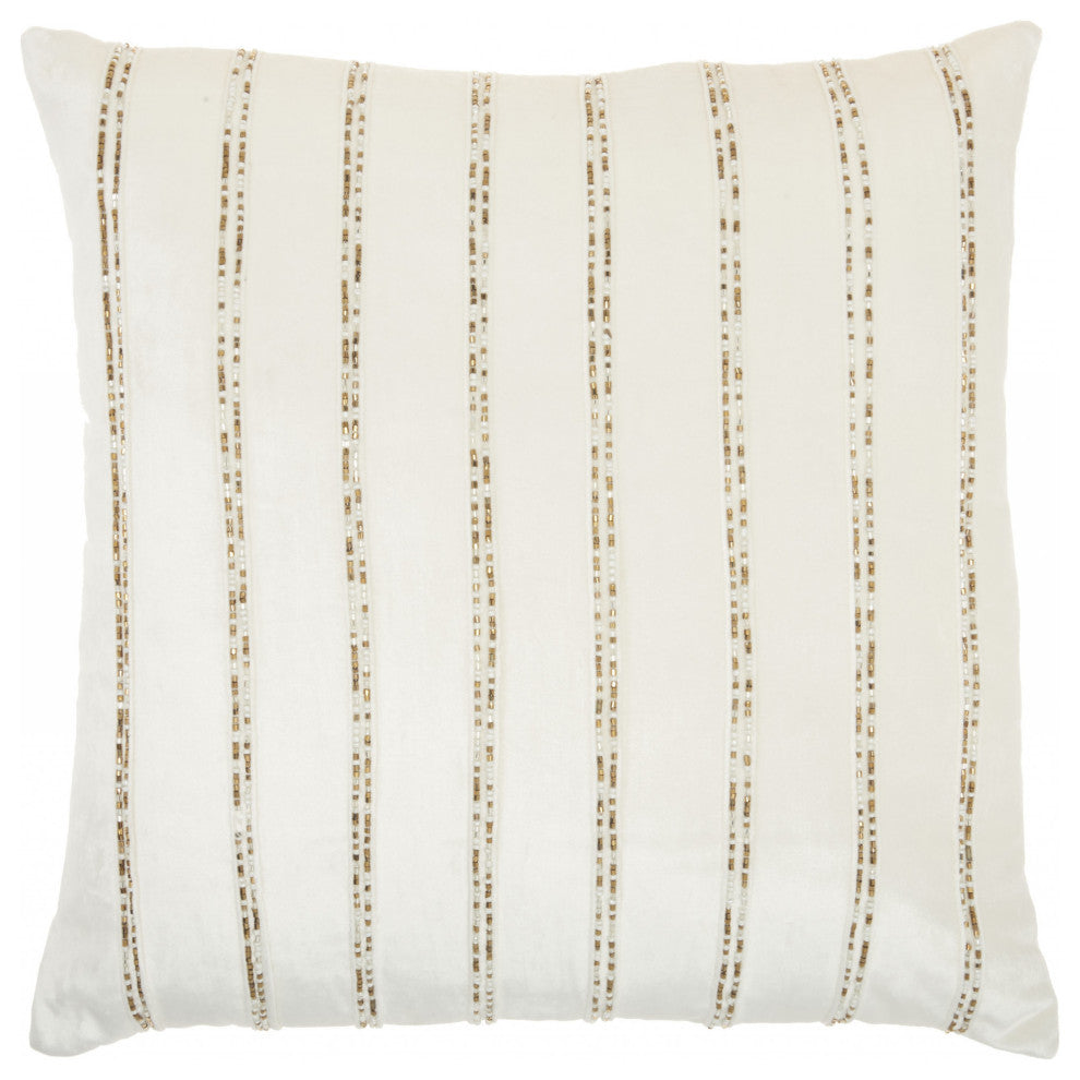 Glam Ivory And Gold Accent Throw Pillow With Beaded Details