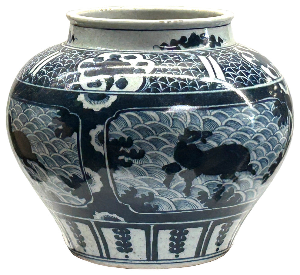 Vintage Blue White Mythical Graphic Fat Body Porcelain Vase Jar