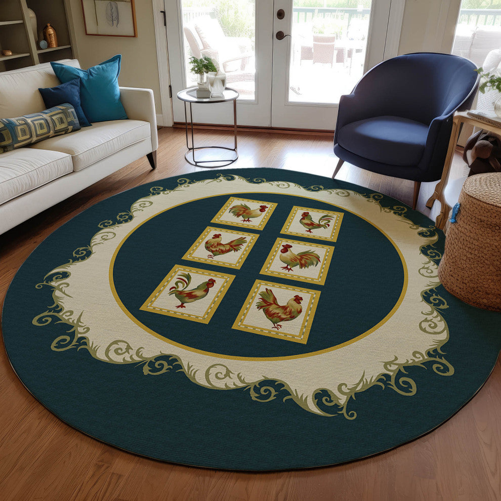Indoor/Outdoor Kendall KE4 Black Machine Washable 8' x 8' Round Rug