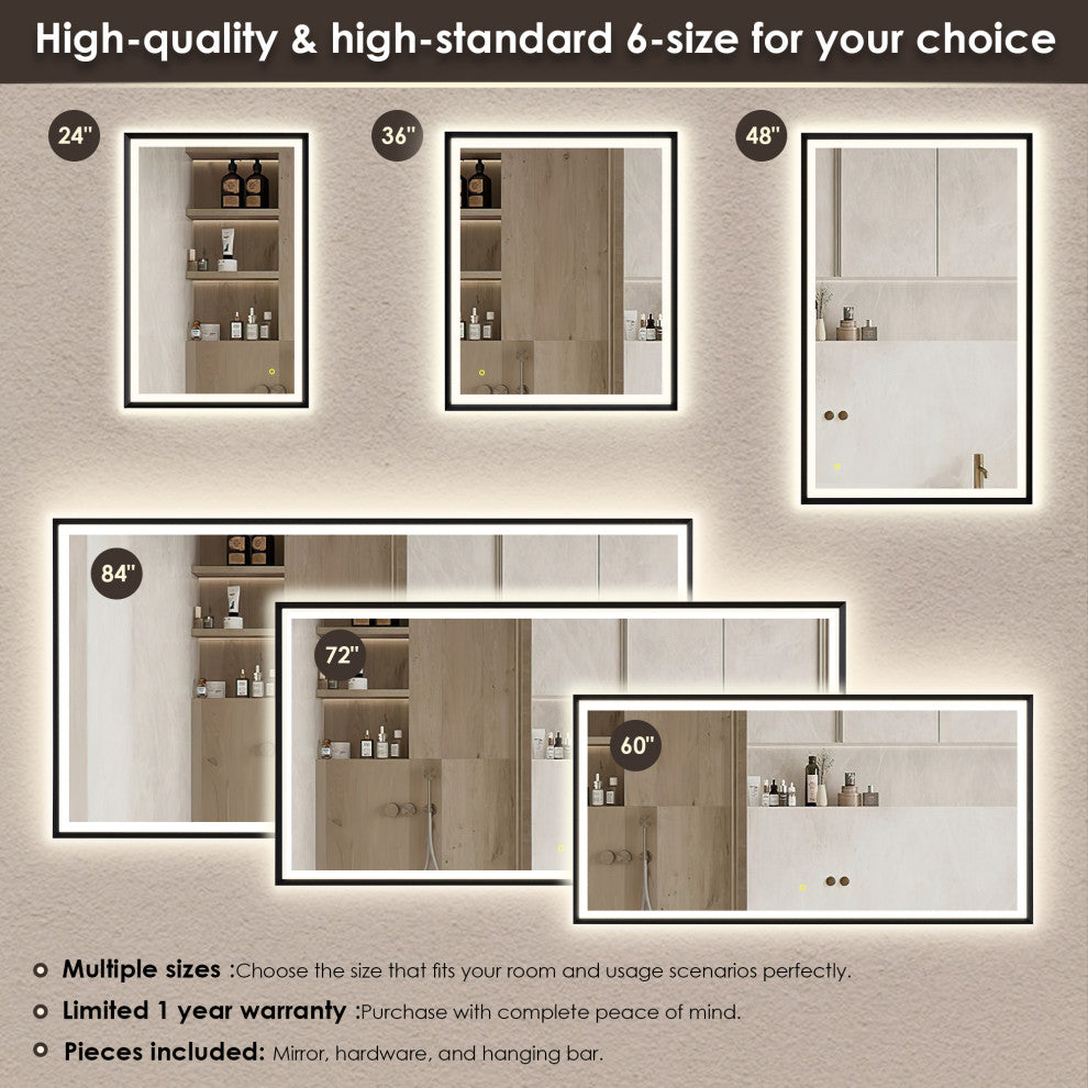 Apollo Anti-Fog Dimmable Vanity, LED Lighted Wall Mirror, Matte Black, 48"