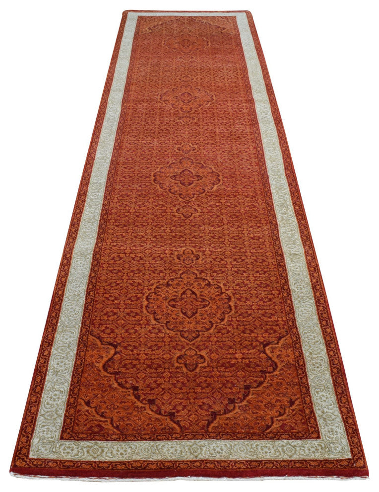 Pumpkin Orange Tabriz Mahi Wool Dense Weave Hand Knotted Runner Rug 2'9"x11'10"