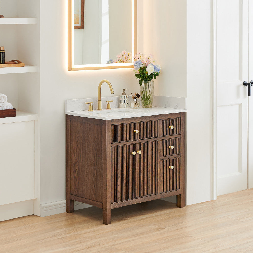Cerrito Bathroom Vanity, Brown Brushed Oak, 36" Single, Without Mirror
