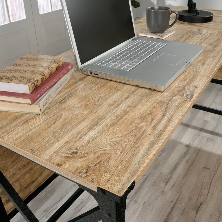 Industrial Desk, L-Shaped Design With Metal Frame & Lower Drawers, Mesquite