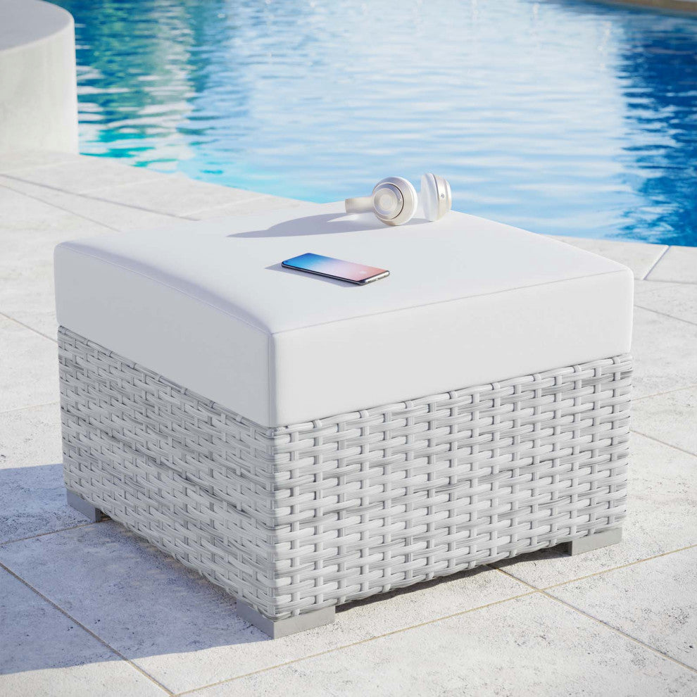Lounge Chair Ottoman, Rattan, Wicker, Gray White, Modern, Outdoor Patio