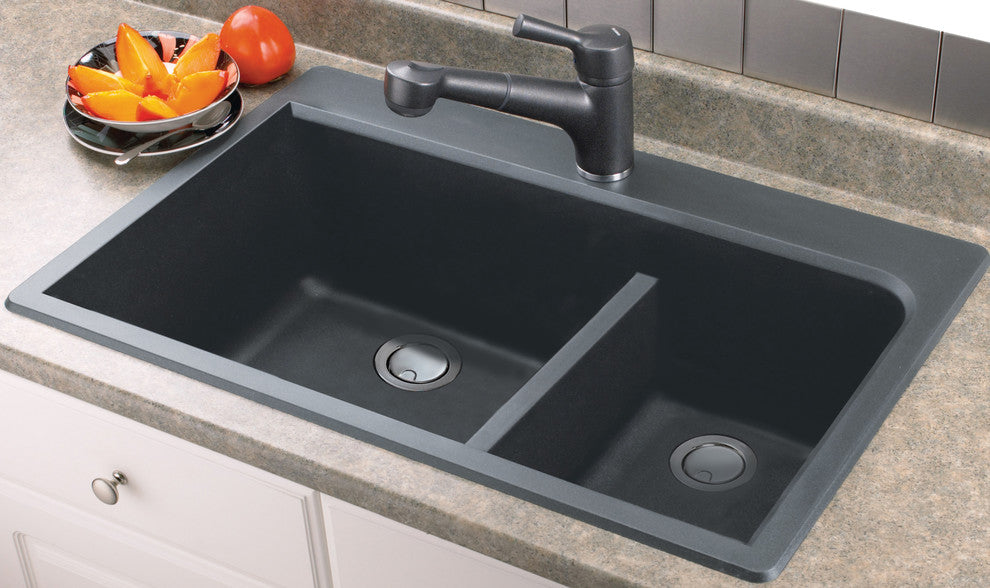 Radius 33" silQ Granite Double Bowl Kitchen Sink with 1 Pre-Drilled Hole in Grey