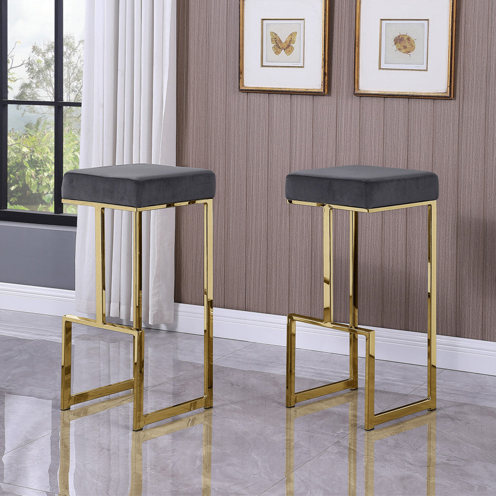 Jakob Backless 31" Bar Stool, Gold, Set of 2, Velvet Gray