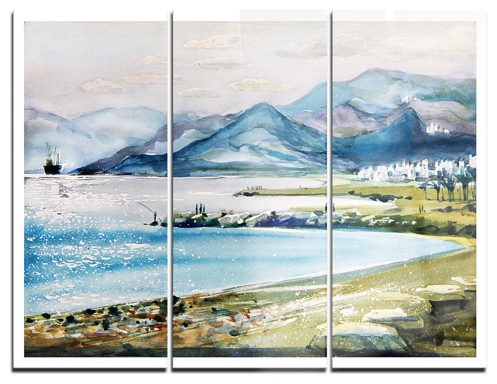 "Blue Hills Over Sea" Glossy Metal Wall Art, 3 Panels, 36"x28"