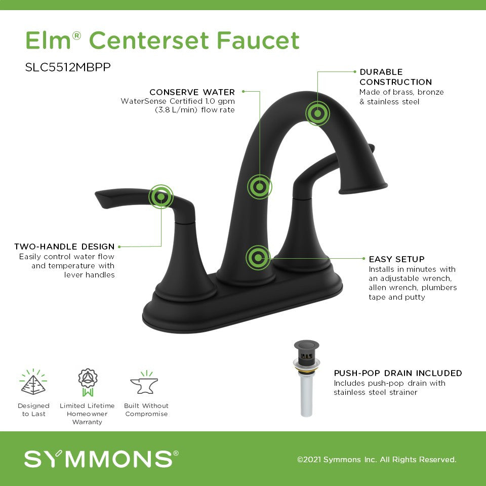 Elm 4" Centerset Faucet, Matte Black, Push Pop Drain