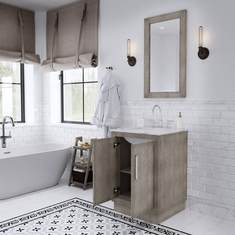 Hugo Carrara White Marble Countertop Vanity in Gray Oak, chrome hardware, 24", Vanity With Gooseneck Faucet
