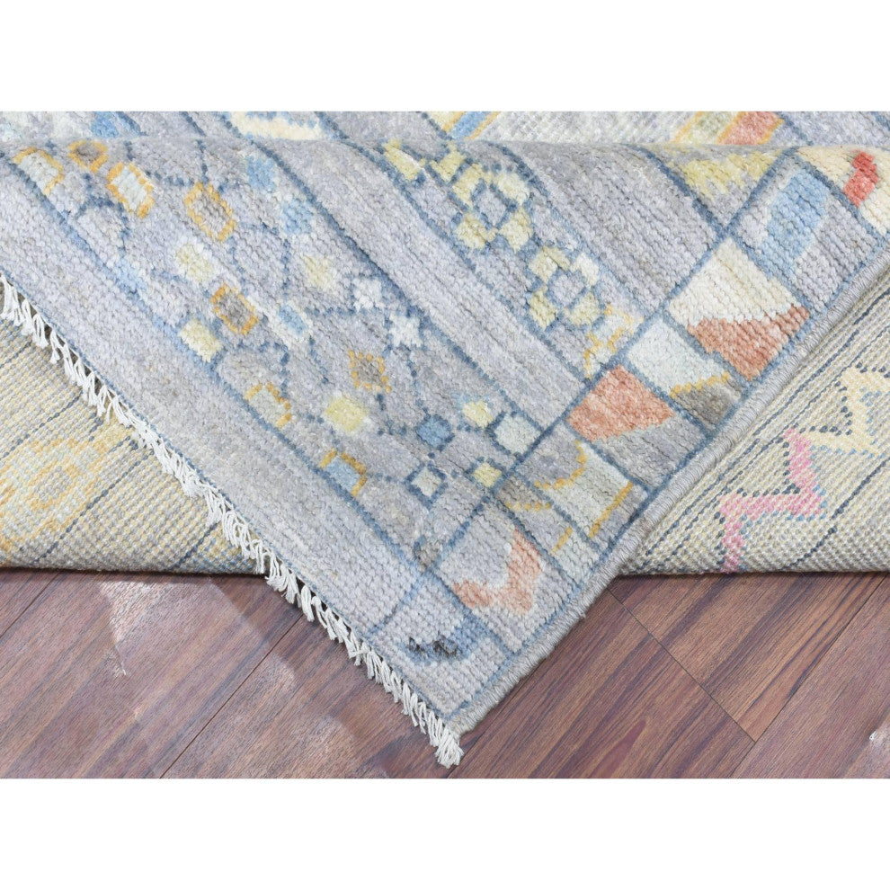 Gray Hand Knotted Inspired With Small Triangular Design Runner Rug, 9'1"x11'8"