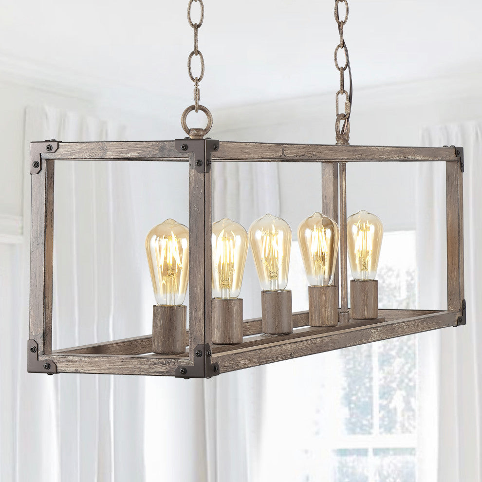 Magnolia 36" 5-Light Linear Adjustable Iron Rustic LED Pendant, Brown