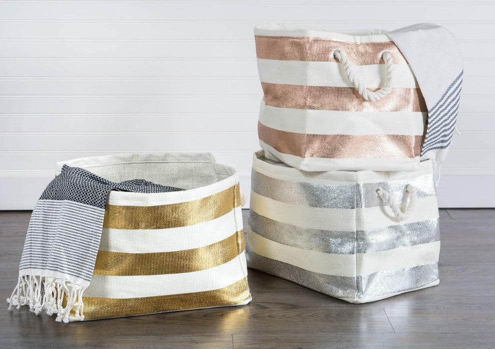 Paper Bin Stripe Gold Rectangle Medium 15"x10"x12"