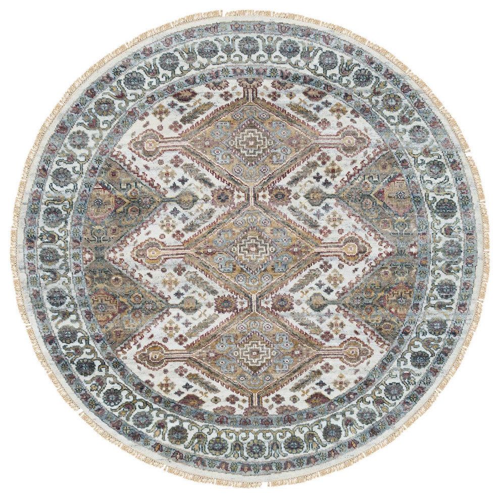 Ivory Shiraz Rosettes Border Wool Hand Knotted Round Oriental Rug, 5'10"x5'10"