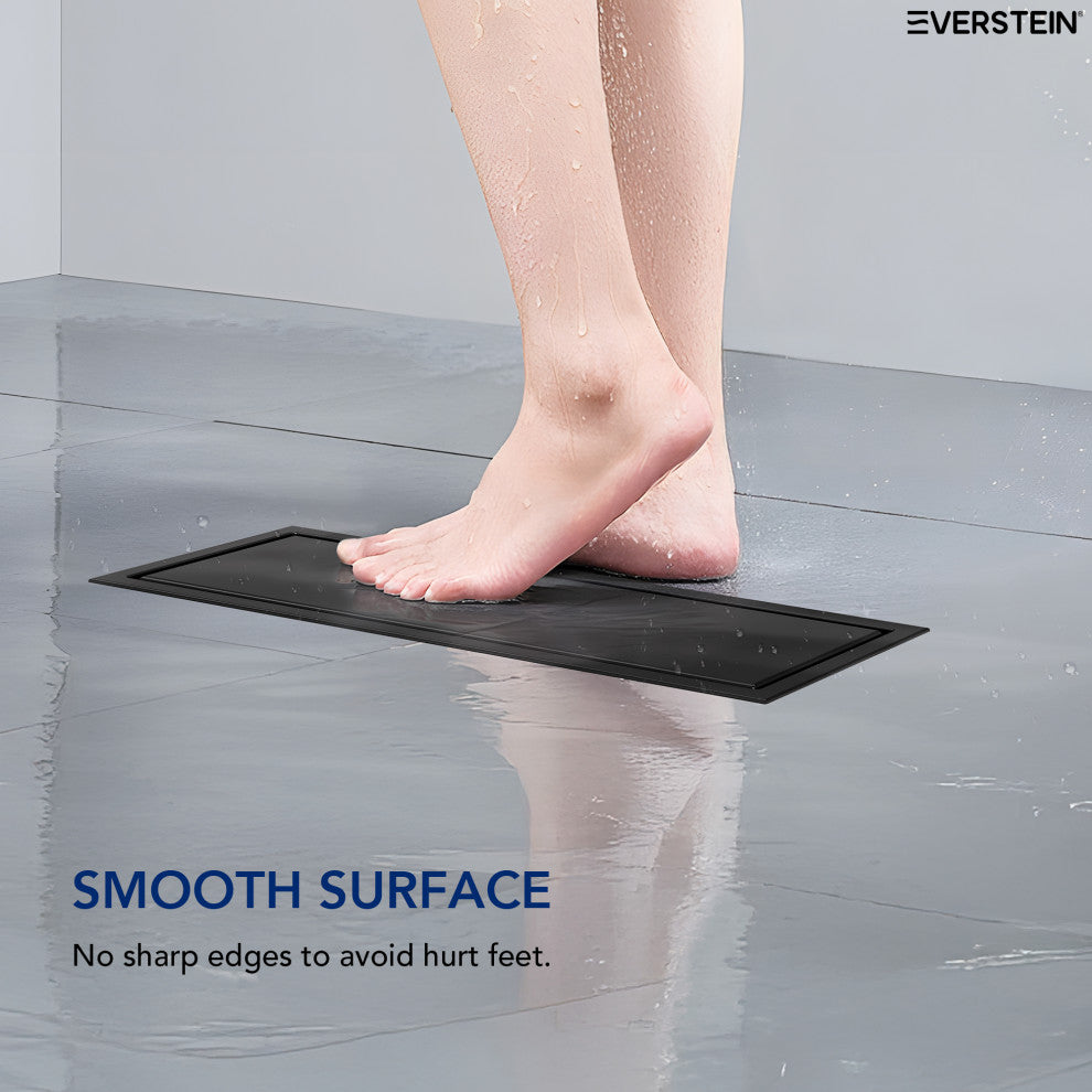 Linear Shower Drain with Hair Strainer and Reversible Tile Insert Cover, Matte Black