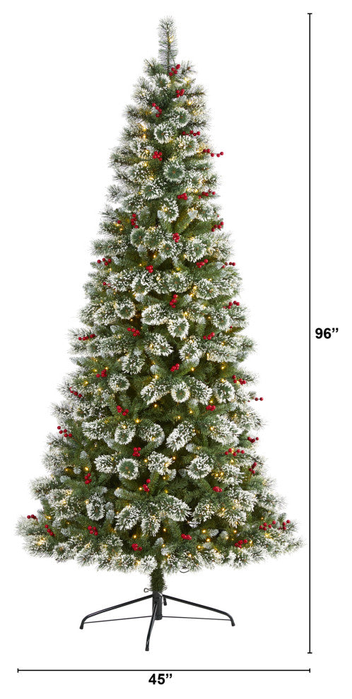8' Frosted Swiss Pine Faux Christmas Tree With 550 Clear LED Lights and Berries