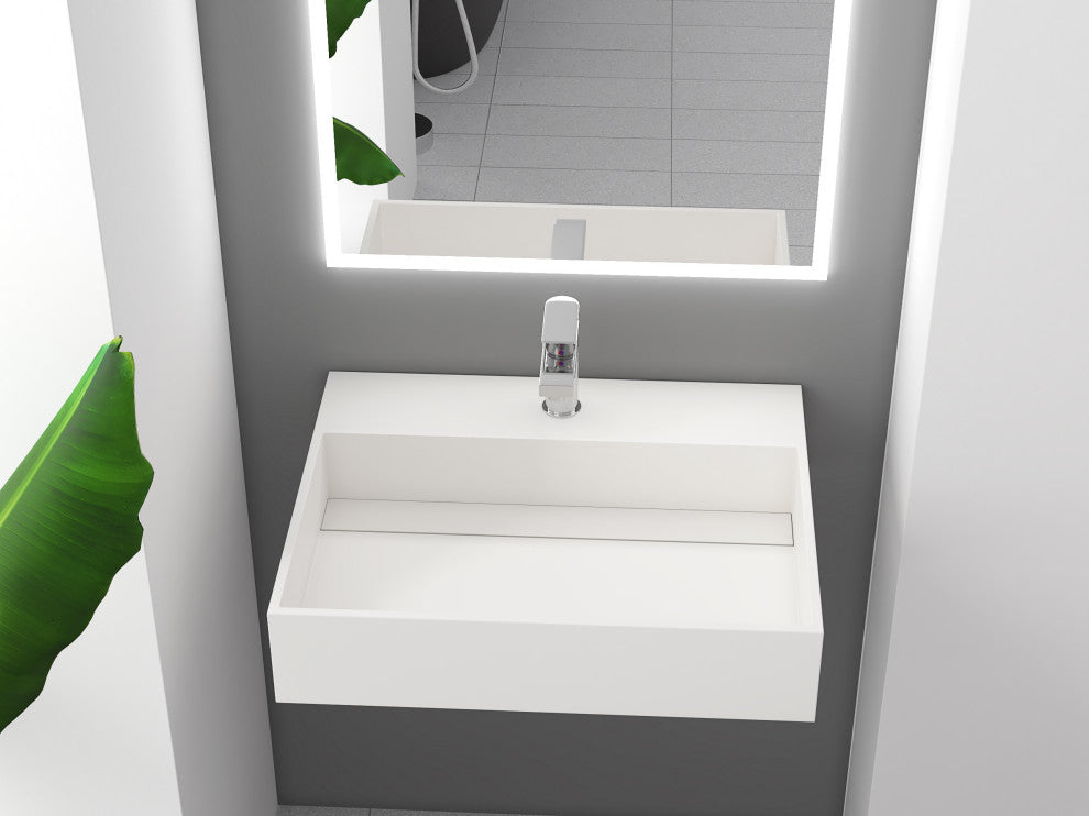 CastelloUSA Juniper Wall Mounted Countertop Concealed Drain Basin Sink, White, 24", Center Basin, Standard