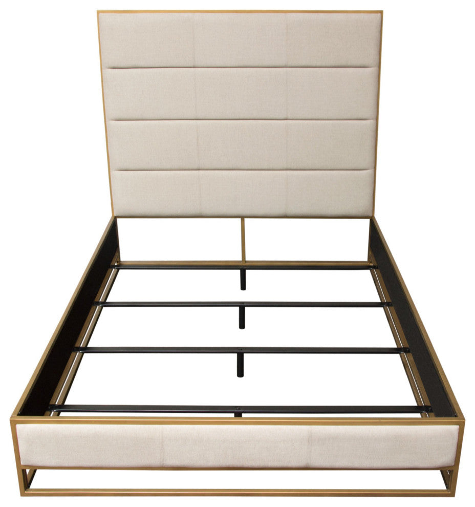 Empire Queen Bed With Gold Metal Frame, Sand Fabric