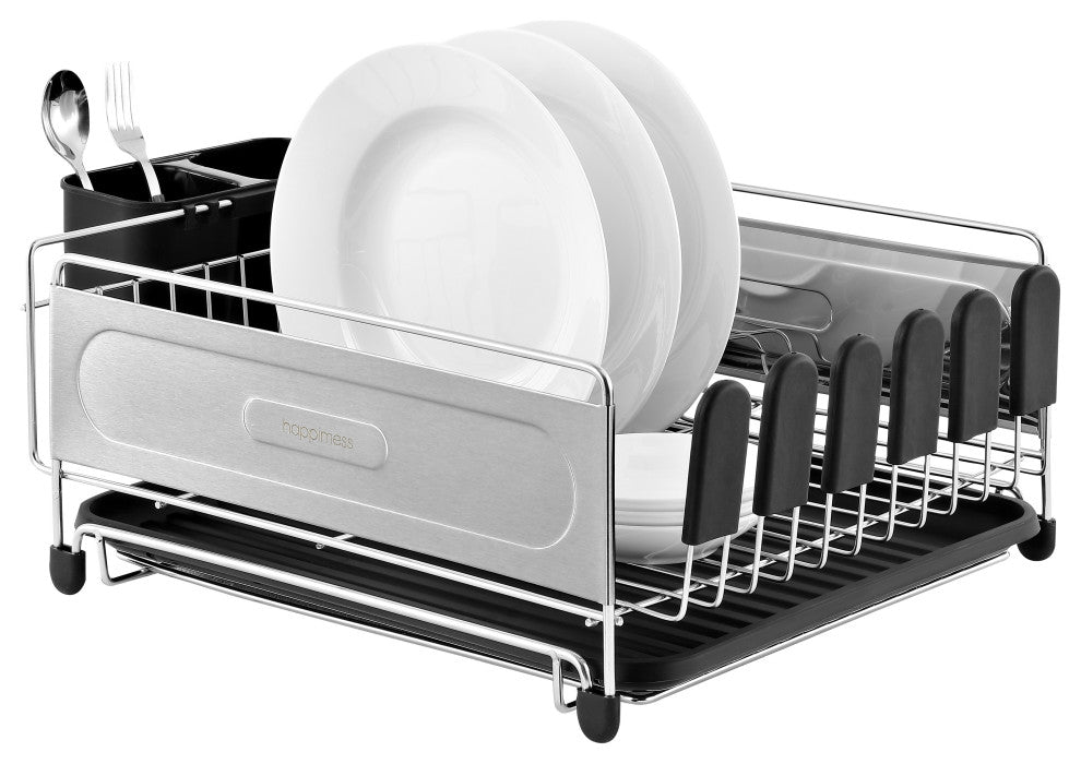 Compact 17.25" Stainless Steel Dish Rack With Wine Glass Holder, Steel/Black