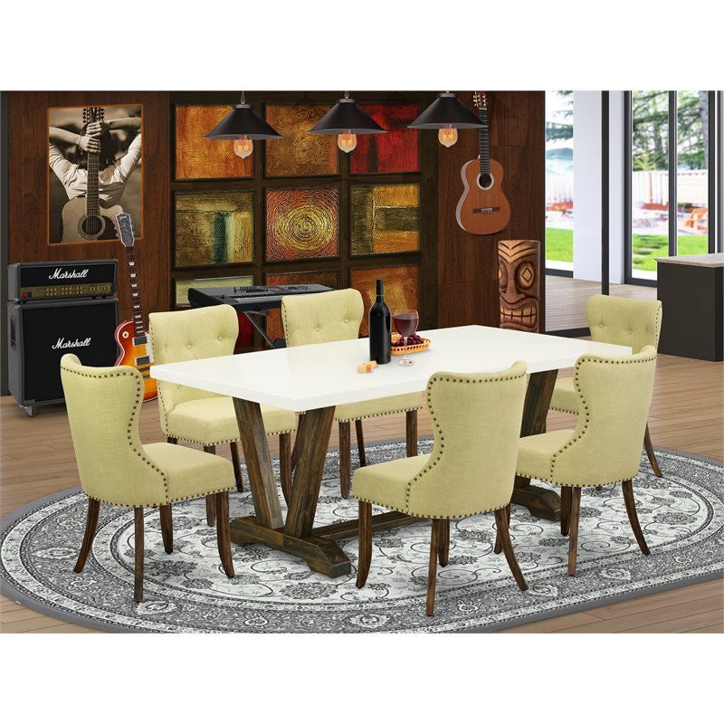 7-Piece Dining Set, 6 Chairs, Table Top-Linen White and Jacobean